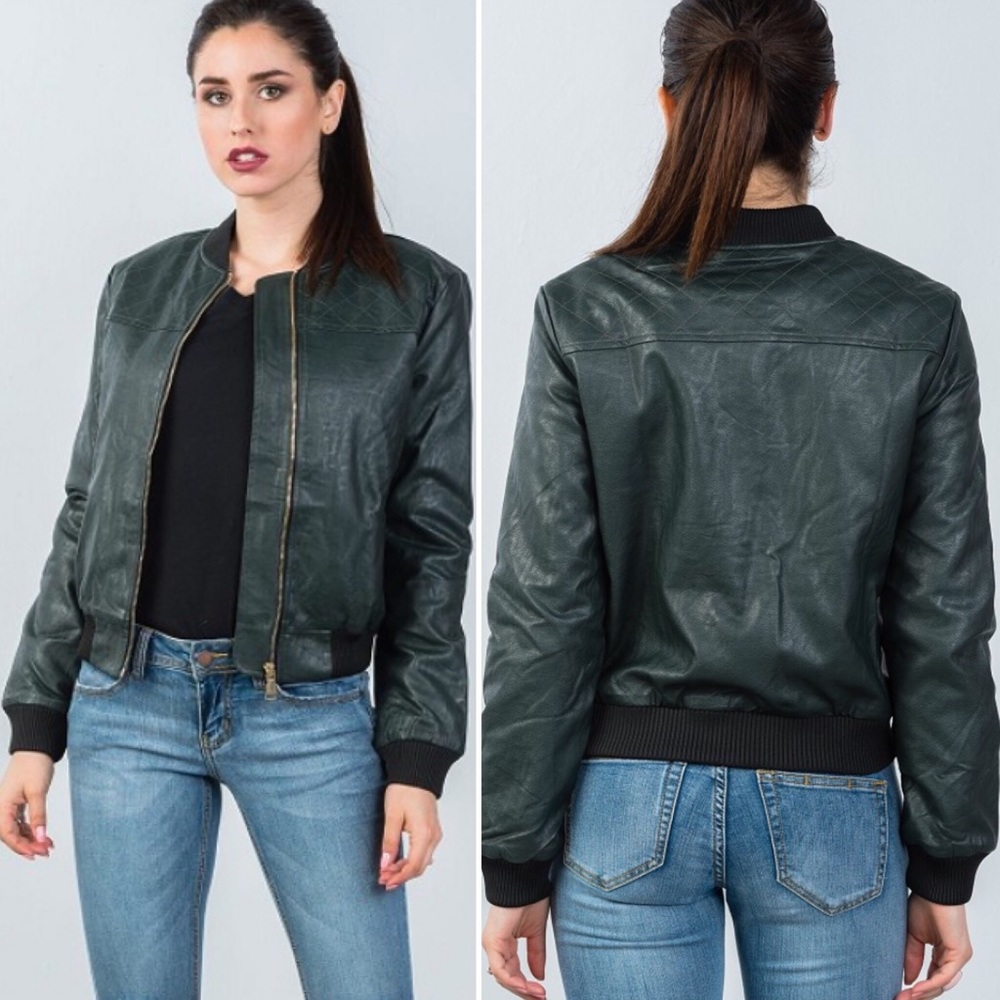 Fully Lined Peacock Pleather Bomber Jacket